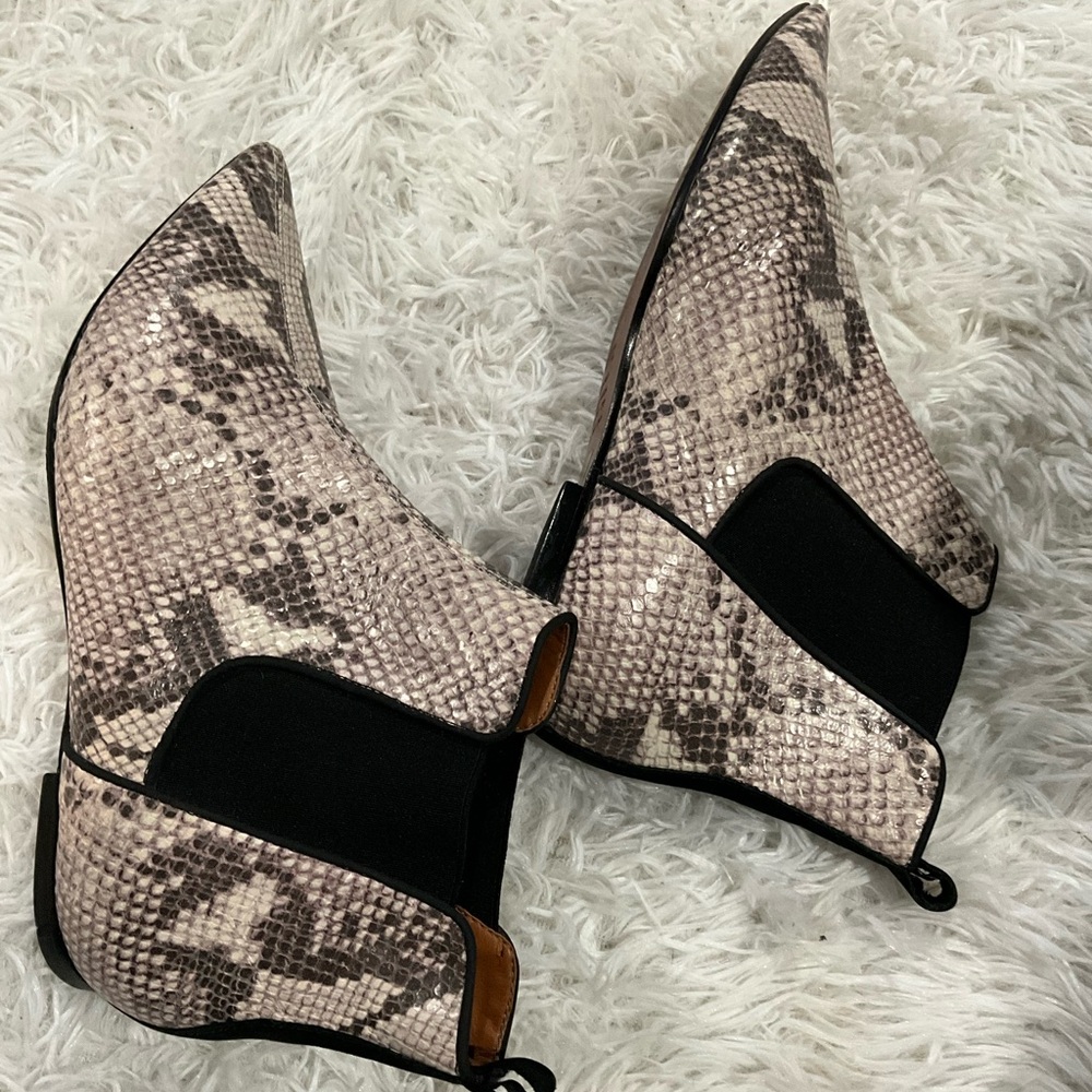 SCHUTZ Snake Print Pointed Toe Ankle Booties in Beige and Black